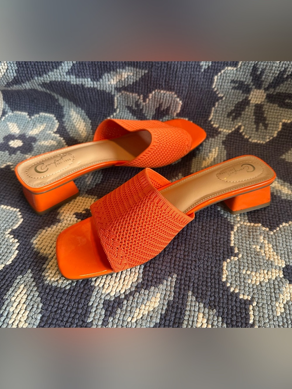 🧡 Comfort Est 1946 Orange Knit Mule Heels Size 10W Square Toe Slides